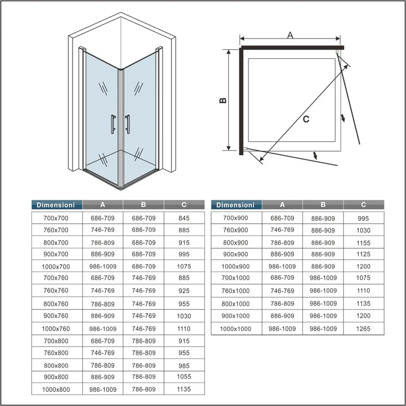 Aica 197cm Box Doccia Angolare Doppia Porta a Battente Rotazione Di 180 Gradi In Vetro Temperato 6mm Anticalcare Trasparente varie dimensioni - Image 5