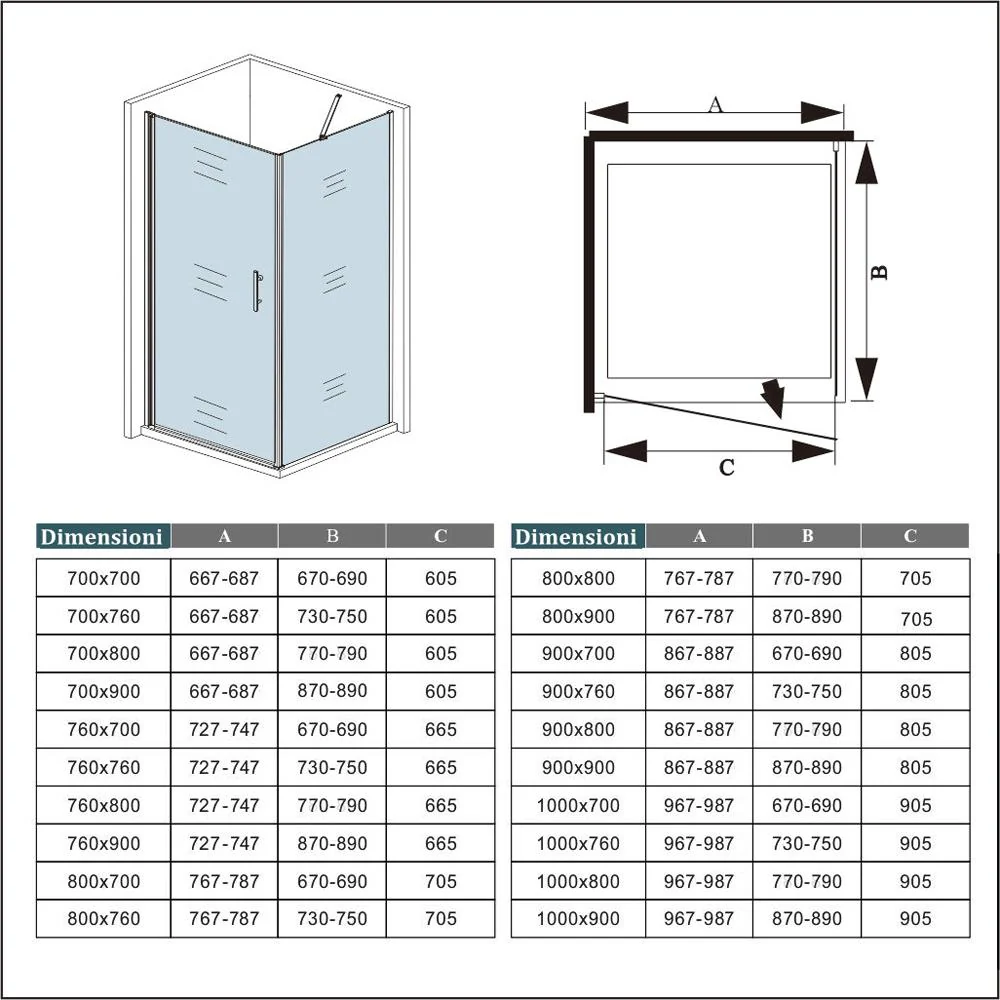 195 cm Box Doccia Angolare Porta Battente Pi?1 Parete Laterale Fissa Vetro 6mm Temperato Anticalcare Telaio e Barra Stabilizzatrice Cromato Lucido - Image 8
