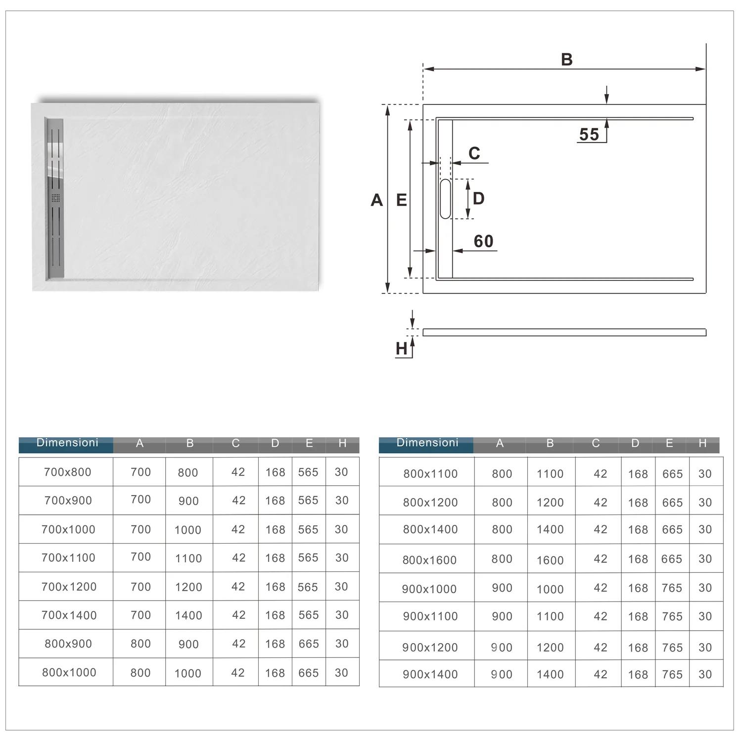 Aica Piatto Doccia Rettangolare In Pietra Vulcanica e Resina Mista Finitura Pietra Bianca Ruvida Ultraslim 3 cm Antiscivolo Antibatterico - Image 7