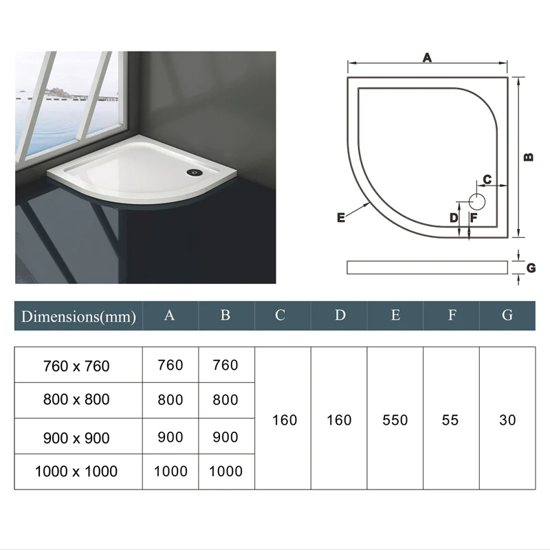 Aica Piatto Doccia Semicircolare Dimensioni Multiple In Marmo Minerale e Resina Mista Ultraslim Bianco Lucido Con Plinto Antiscivolo Antibatterico - Image 3