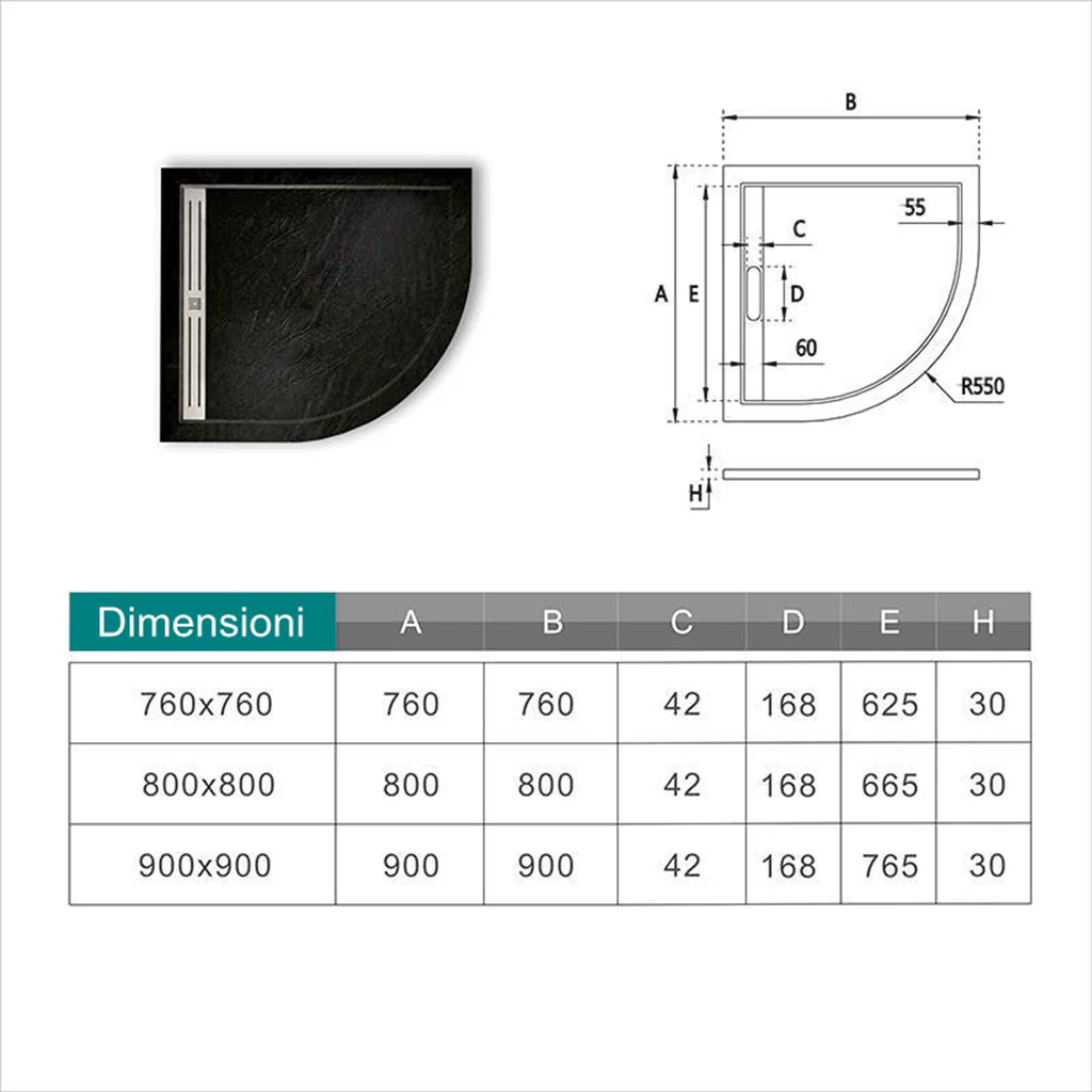 Aica Piatto Doccia Semicircolare in Pietra Vulcanica e Resina Mista Finitura Pietra Nera Ruvida Ultraslim 3 cm Antiscivolo - Image 3