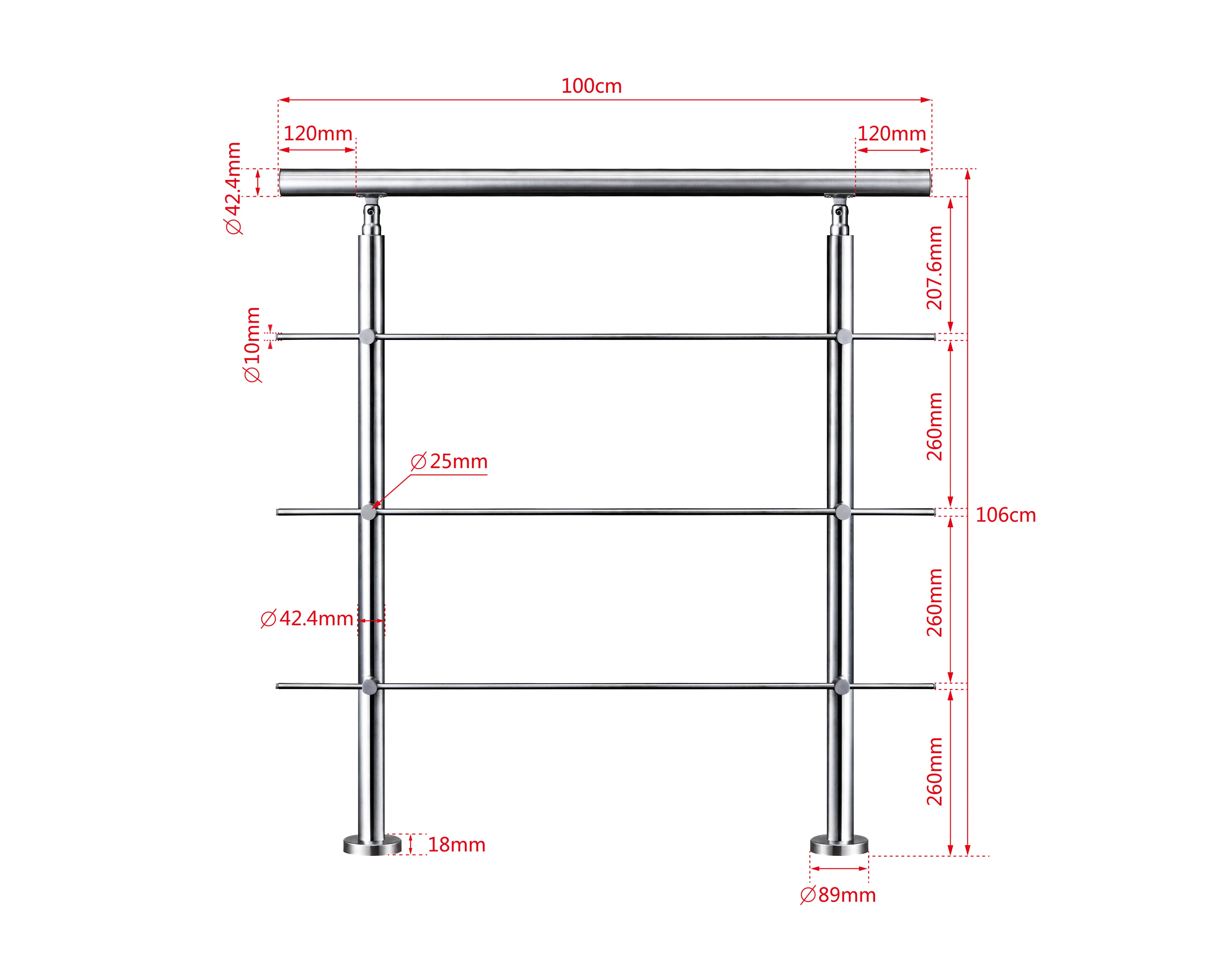 Ringhiera universale in acciaio inox 80-100-120-150-180-200-220-240 cm con 3 barre trasversali - Image 13