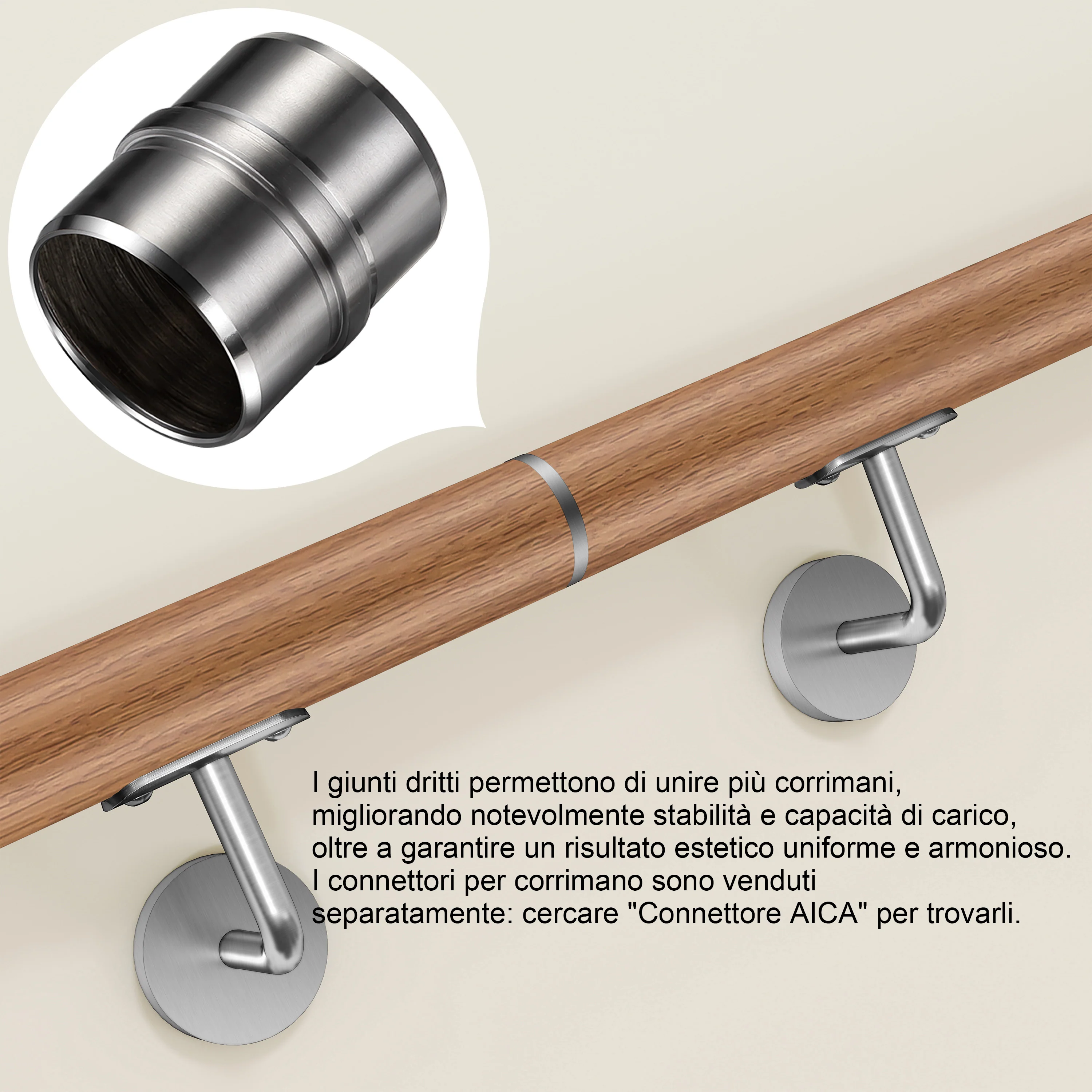 Connettore regolabile /Connettore dritto in acciaio inox 304 per corrimano Ø42.2/42.4mm parete - Image 4