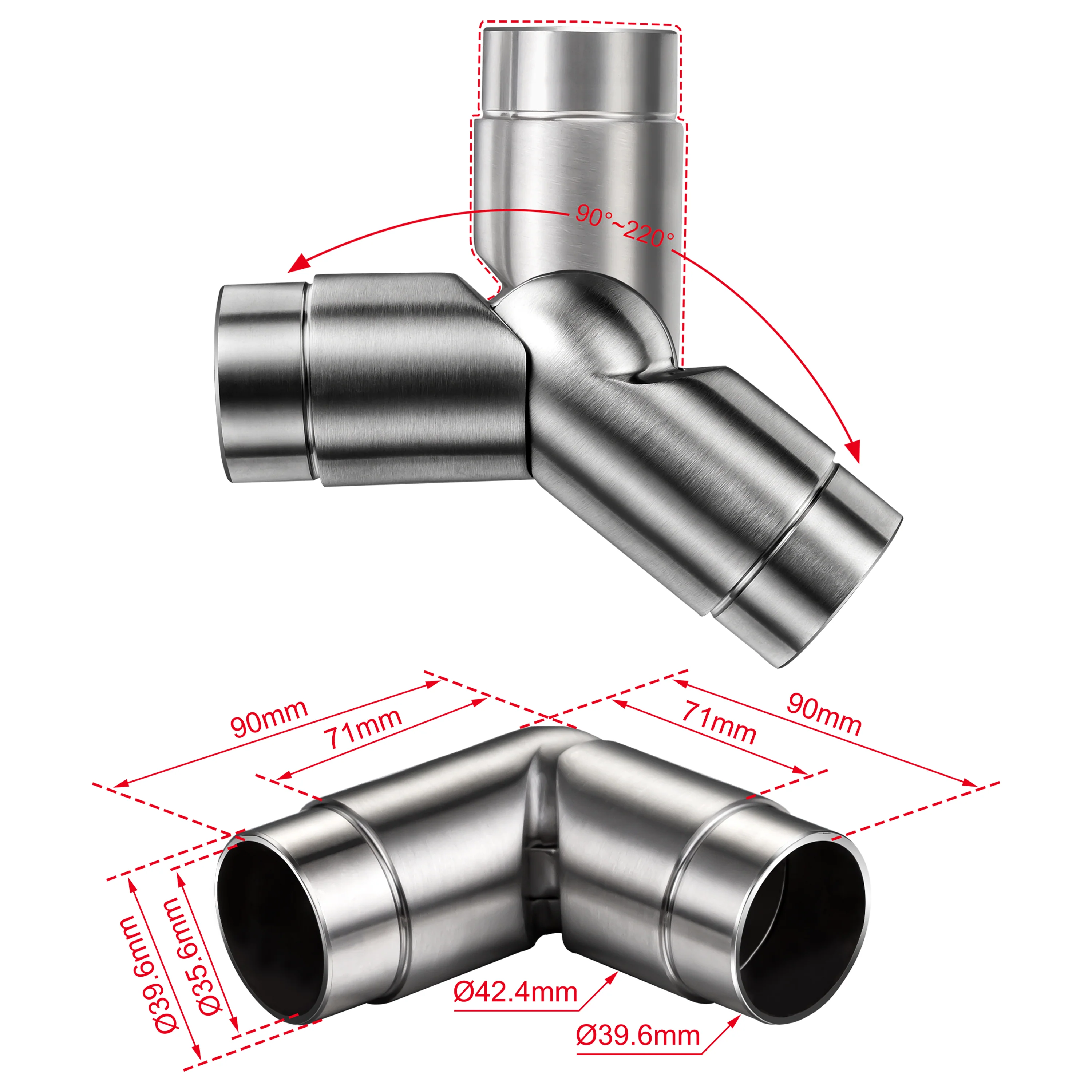 Kit Connettore Dritto/Angolo Regolabile per Ringhiere in Acciaio Inox 304 Diametro 42.4 mm Configuratore per Corrimano per Ringhiere a 3/5 Traversi - Image 4
